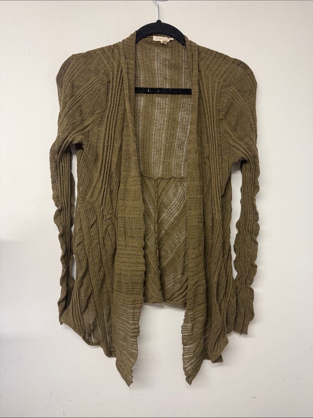 Eileen Fisher Olive Draped Open-Front Ribbed Cardigan